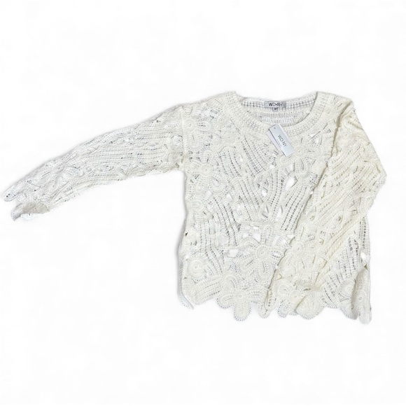 WD·NY Ivory Openwork Crochet Sweater Scalloped Hem Boho Romantic M Holiday Gift - Picture 9 of 11